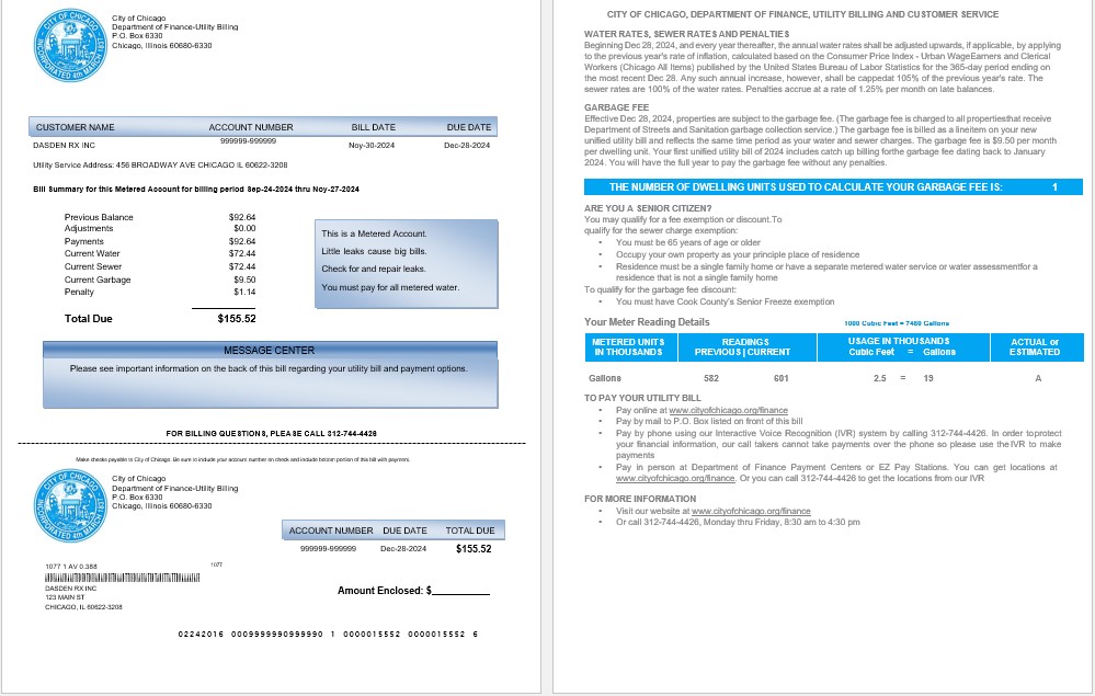 USA CITY OF CHICAGO business utility bill Word and PDF template PSD template